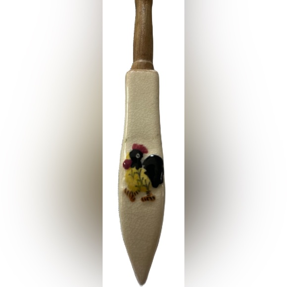 Vintage Serving Set WOOD AND CERAMIC  ROOSTER SPOON AND FORK Salad SET VINTAGE - Picture 3 of 6